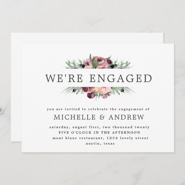 marsala floral heart wreath engagement invitation (Front/Back)