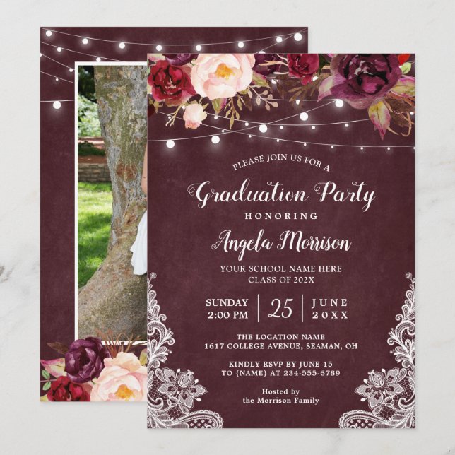 Marsala Floral Lace String Lights Photo Graduation Invitation (Front/Back)