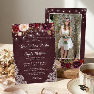 Marsala Floral Lace String Lights Photo Graduation Invitation