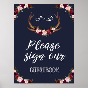 Marsala Floral Navy Blue Sign Our Guestbook Sign