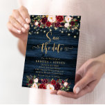 Marsala Floral & Navy Save The Date Invitation<br><div class="desc">Our unique design features a rustic navy blue wood background and sparkling lights. The hand painted floral watercolor is a beautiful bouquet of red merlot burgundy and blush pink flowers. This elegant wedding invite with hand written script calligraphy will be sure to wow your guests!</div>