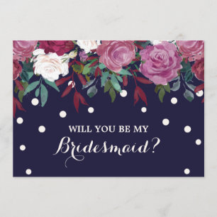 Marsala Floral on Navy Will You Be My Bridesmaid Invitation