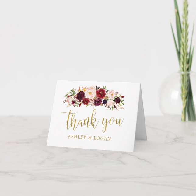 Marsala Floral or automne Mariage Carte de remerci (Devant)