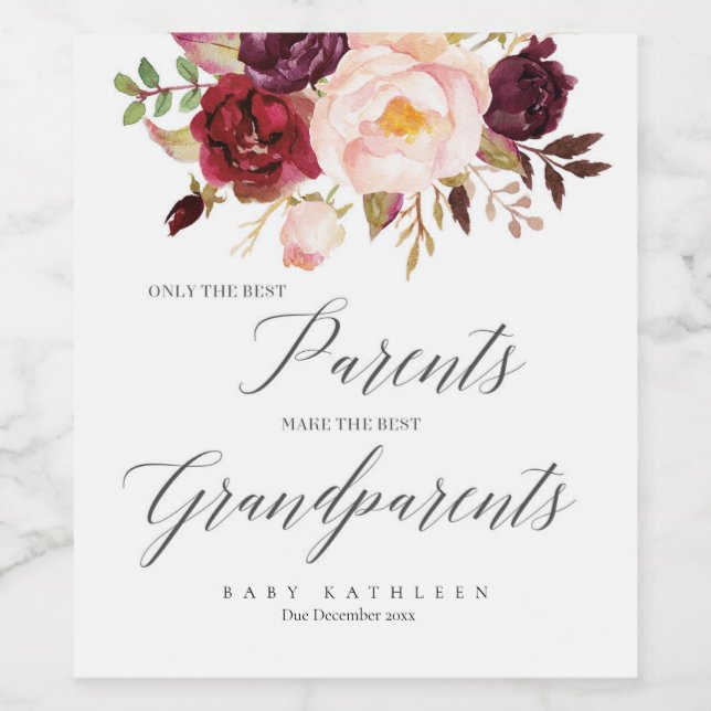 Marsala Floral Pregnancy Announcement Wine Labels (Single Label)