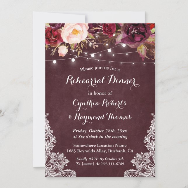 Marsala Floral String Lights Lace Rehearsal Dinner Invitation (Front)
