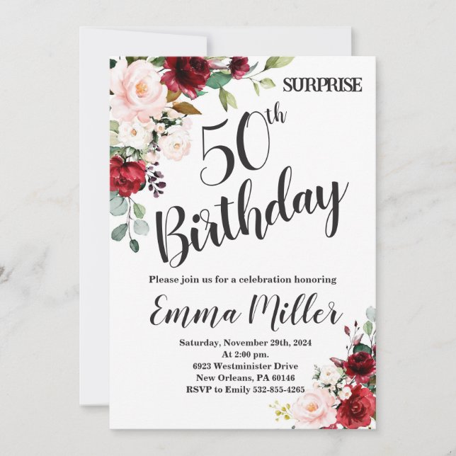 Marsala Floral Surprise 50th Birthday Invitation (Front)
