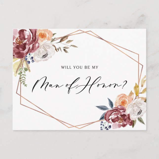 Marsala Flowers Geometric Be My Man of Honour Card (Front)
