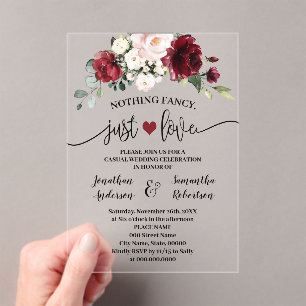 Marsala Flowers Nothing Fancy Just Love Elopement Acrylic Invitations