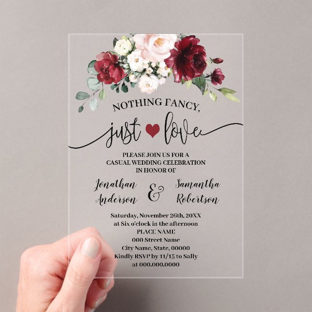 Marsala Flowers Nothing Fancy Just Love Elopement Acrylic Invitations (Insitu (Handheld))