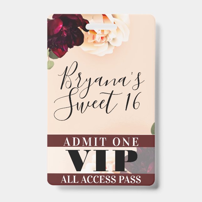 Marsala Flowers & String Lights Sweet 16 VIP Pass Badge (Front)