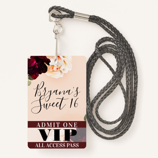 Marsala Flowers & String Lights Sweet 16 VIP Pass Badge (Front with Lanyard)