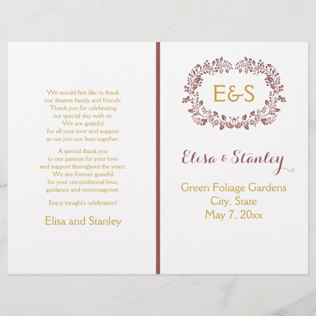 Marsala foliage wreath frame wedding program (Front)