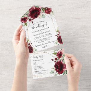Marsala Gold Geometric Burgundy Wedding All In One Invitation