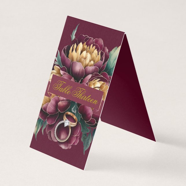 Marsala Gold Peony Wedding Rings Table Number (Back)