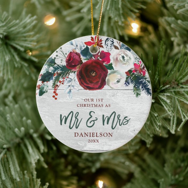 Marsala Greenery Personalized First Mr & Mrs Ceramic Ornament (Tree)