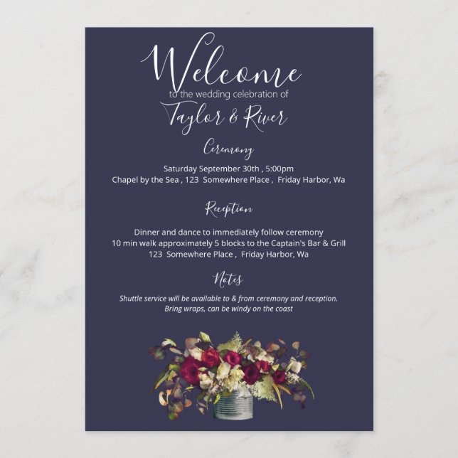Marsala & Ivory Watercolor Roses | Navy Program (Front)