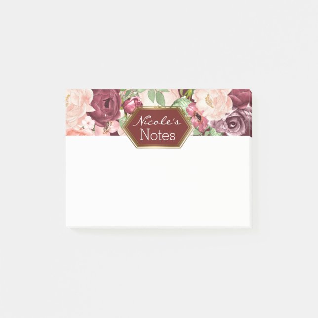 Marsala Maroon Burgundy Rustic Floral Personalized Post-it Notes (Front)