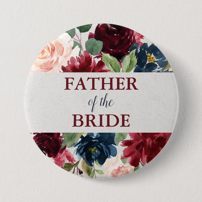 Marsala & Navy Floral Father of the Bride 3 Inch Round Button (Front)