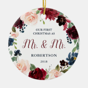 Marsala & Navy Floral First Christmas Mr & Mrs Ceramic Ornament