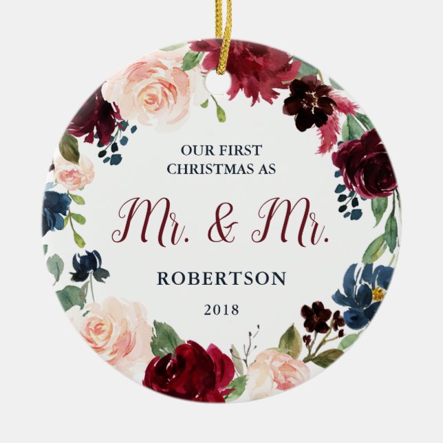 Marsala & Navy Floral First Christmas Mr & Mrs Ceramic Ornament (Front)