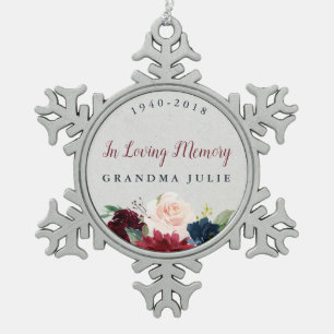 Marsala & Navy Floral Personalized Memorial Snowflake Pewter Christmas Ornament