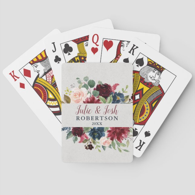 Marsala & Navy Floral Personalized Wedding Favour Playing Cards (Back)