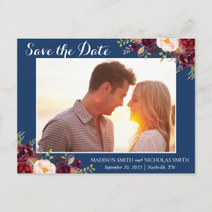 Marsala Navy Floral Photo Save The Date Postcard