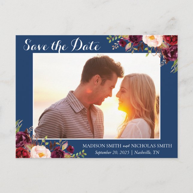 Marsala Navy Floral Photo Save The Date Postcard (Front)