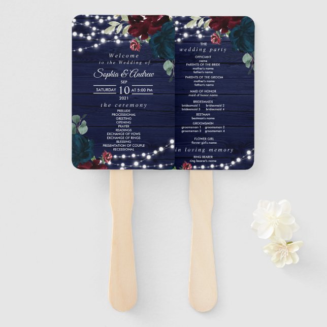 Marsala & Navy Floral Rustic Wedding Program Hand Fan (Front and Back)