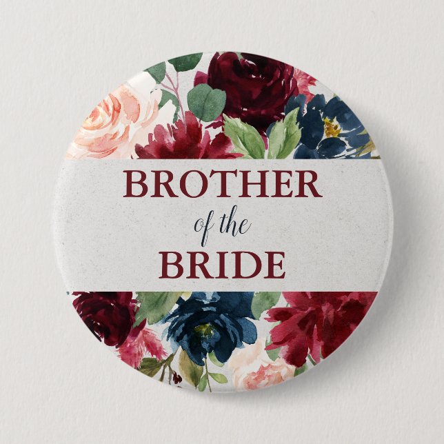 Marsala & Navy Floral Shabby Chic Brother of Bride 3 Inch Round Button (Front)