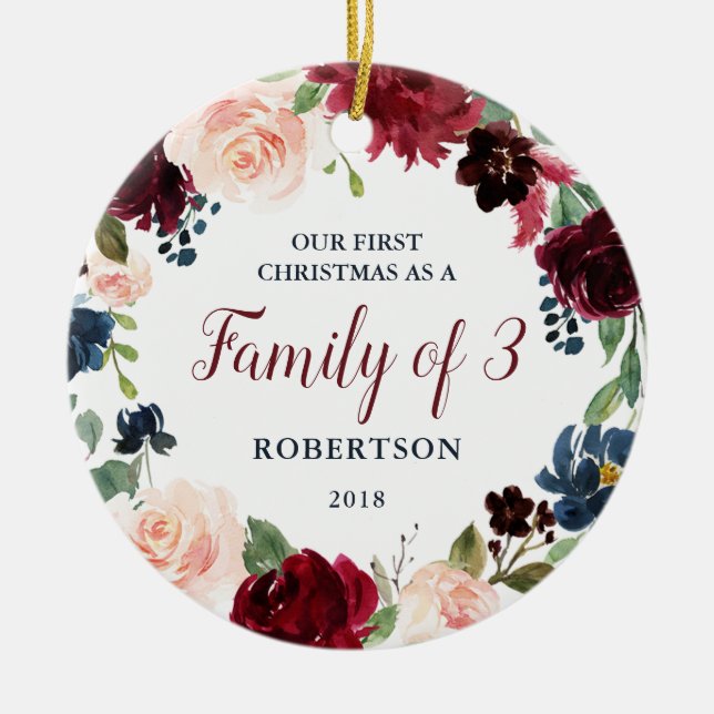 Marsala & Navy Floral Shabby Chic Family of Three Ceramic Ornament (Front)