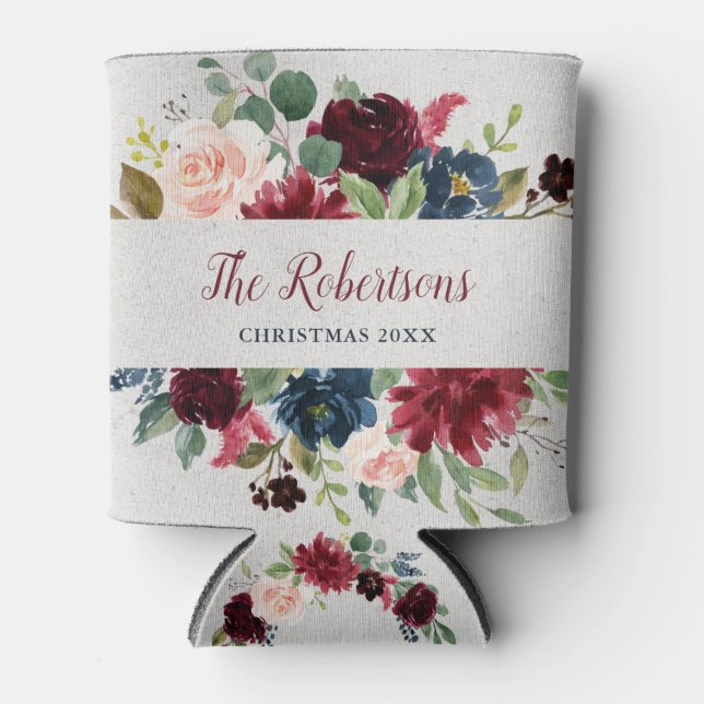 Marsala & Navy Floral Shabby Chic Holiday Party Can Cooler (Front)