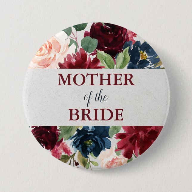 Marsala & Navy Floral Shabby Chic Mother of Bride 3 Inch Round Button (Front)