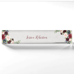 Marsala & Navy Floral Shabby Chic Office Custom Nameplate