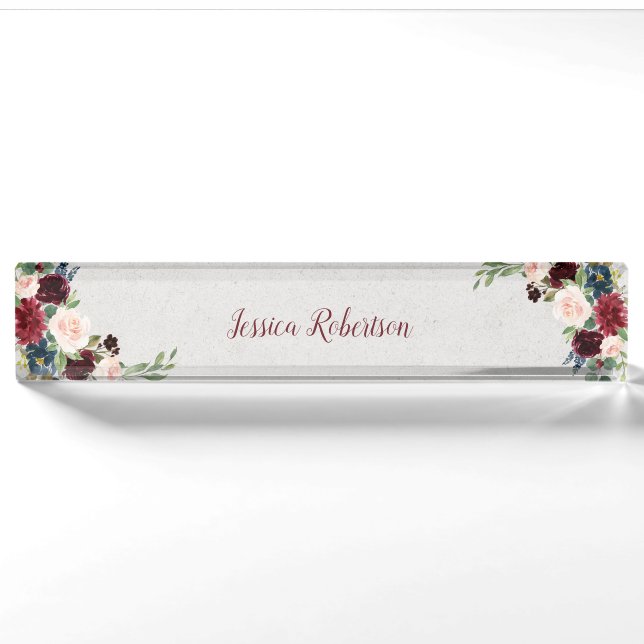 Marsala & Navy Floral Shabby Chic Office Custom Nameplate (Front)