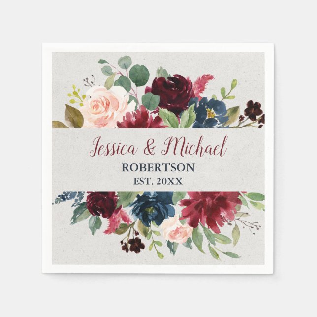 Marsala & Navy Floral Shabby Chic Wedding Cocktail Napkin (Front)
