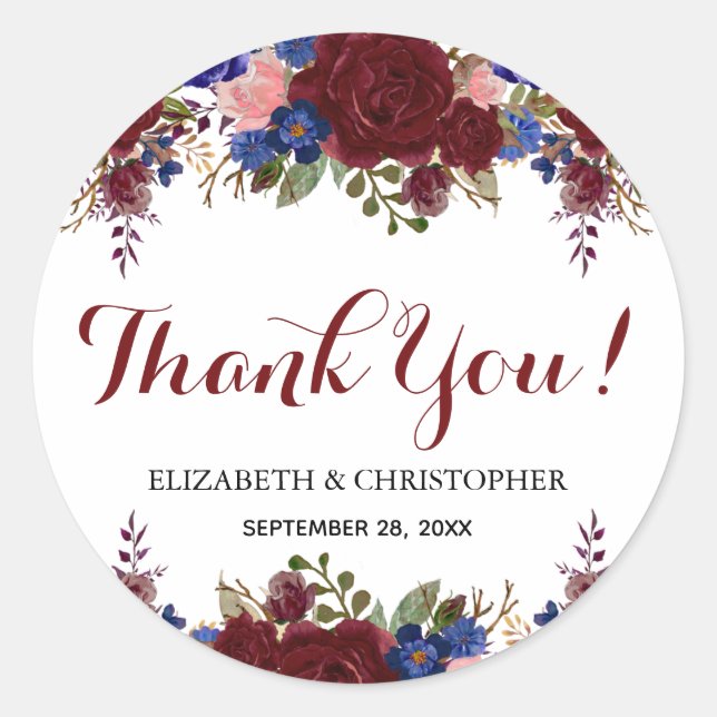 Marsala Navy Floral Wedding Thank You Classic Round Sticker (Front)
