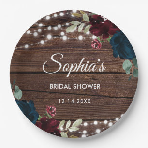 Marsala & Navy Flowers Rustic Bridal Shower  Paper Plate