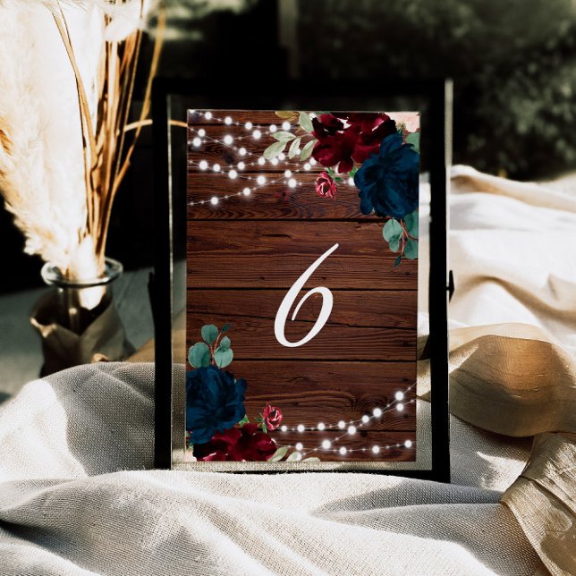 Marsala & Navy Flowers Rustic Wood 6 Table Numbers (Creator Uploaded)