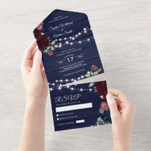 Marsala & Navy Flowers Rustic Wood All In One Inv Invitation