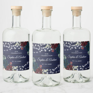 Marsala & Navy Flowers Rustic Wood Liquor Label