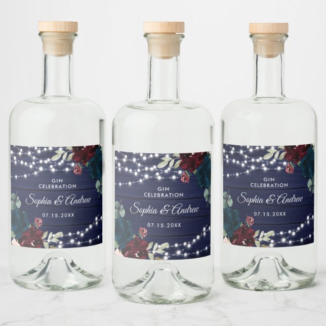 Marsala & Navy Flowers Rustic Wood Liquor Label (Bottles)