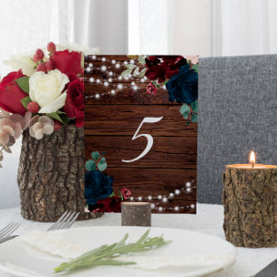Marsala & Navy Flowers Rustic Wood Table 5 Wedding Number