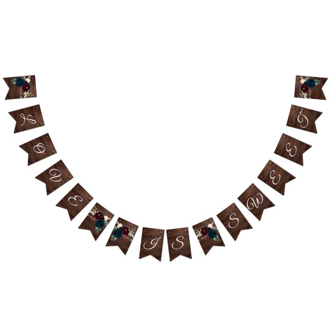 Marsala & Navy Flowers Rustic Wood Wedding Bunting Flags (All)