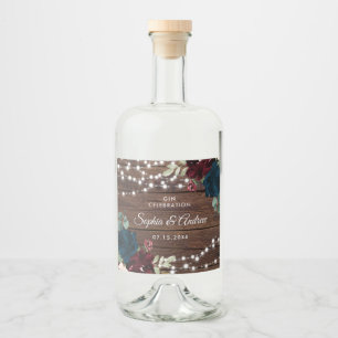 Marsala & Navy Flowers Rustic Wood Wedding Liquor Bottle Label