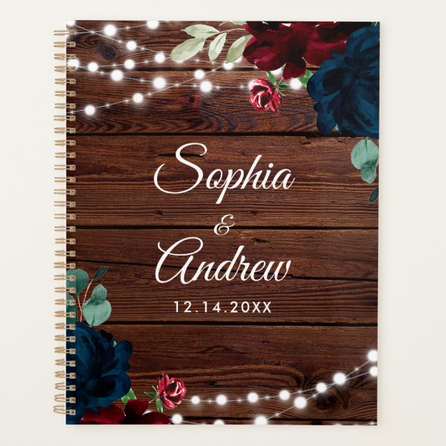 Marsala & Navy Flowers Rustic Wood Wedding Planner (Front)