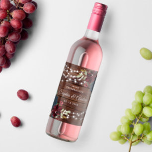 Marsala & Navy Flowers Rustic Wood Wedding  Wine Label