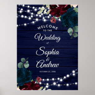 Marsala & Navy Flowers Rustic Wood Welcome Sign