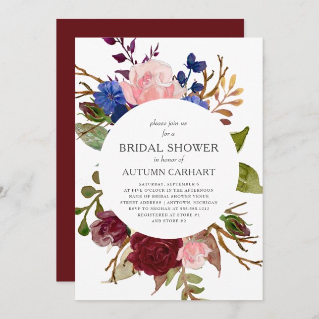 Marsala Navy Pink Floral Circle Bridal Shower Invitation (Front/Back)