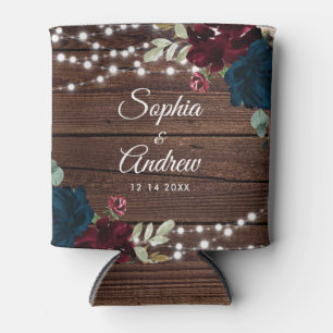 Marsala & Navy Rustic Wood Wedding Can Cooler